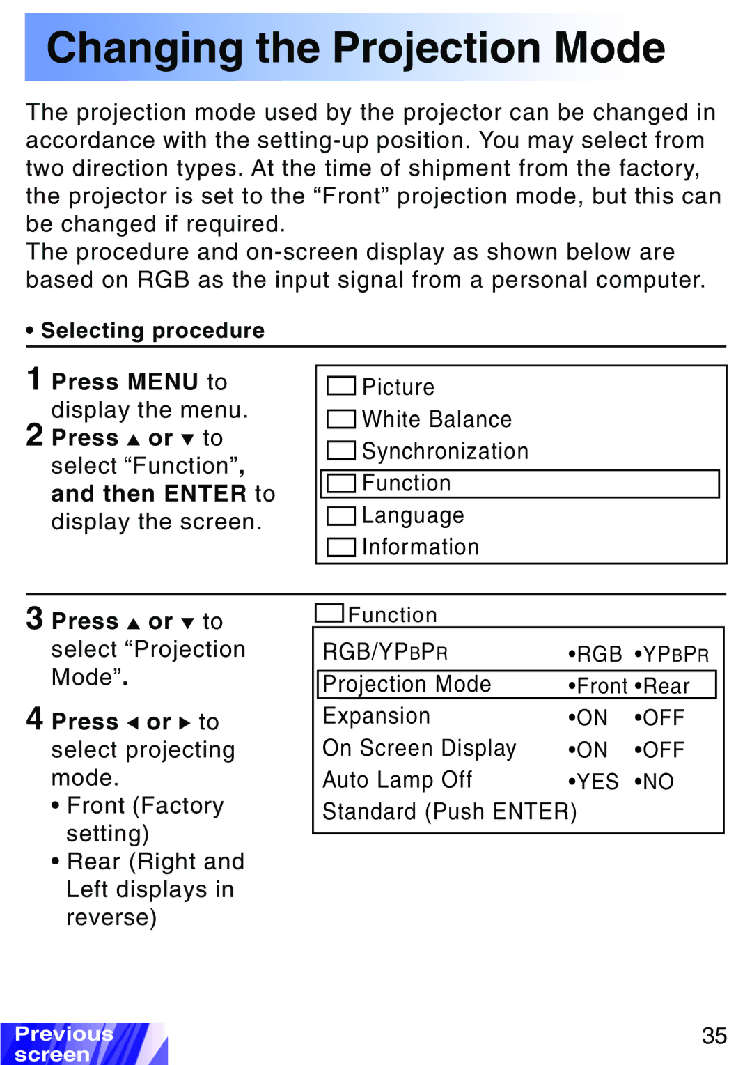 JVC LX-P1010ZU, LX-P1010ZE operating instructions Changing the Projection Mode, Press Menu to display the menu 