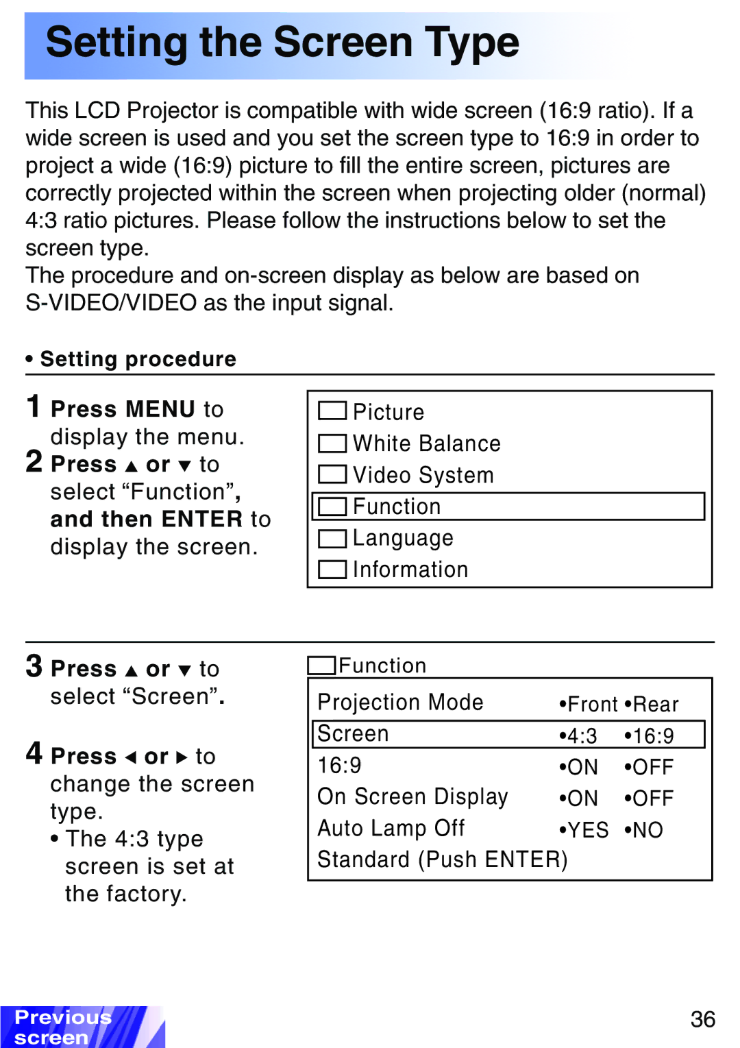 JVC LX-P1010ZE, LX-P1010ZU Setting the Screen Type, Press Menu to display the menu Press or to, Then Enter to 