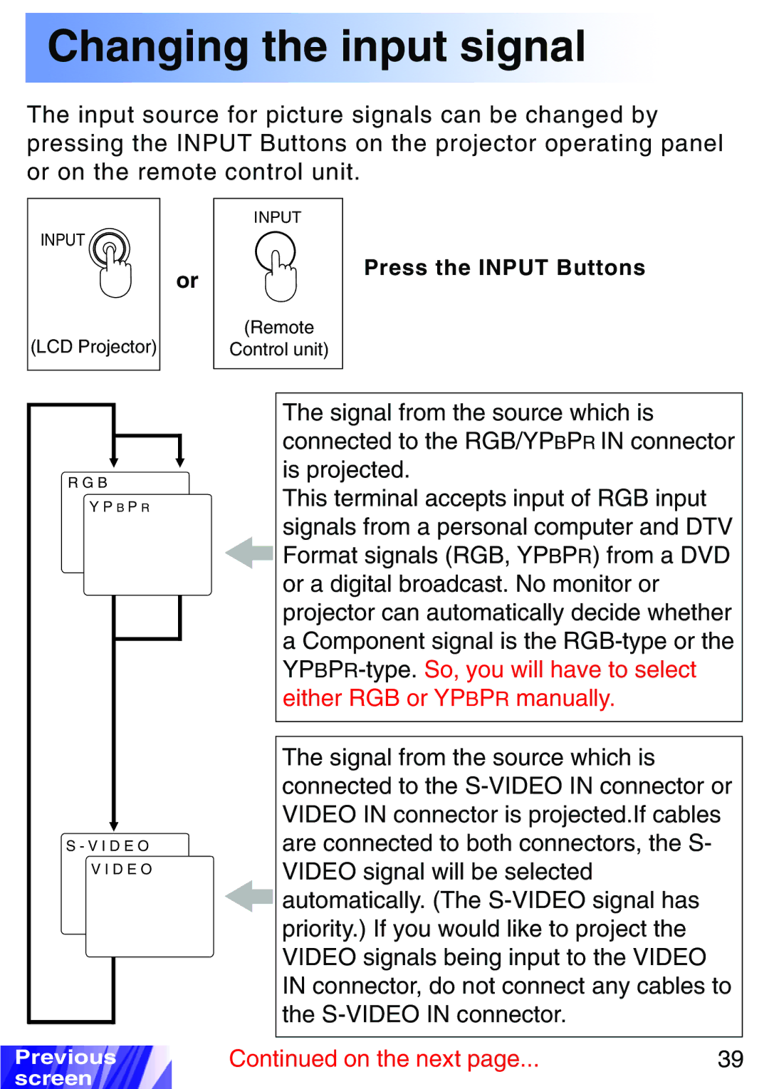 JVC LX-P1010ZU, LX-P1010ZE operating instructions Changing the input signal 