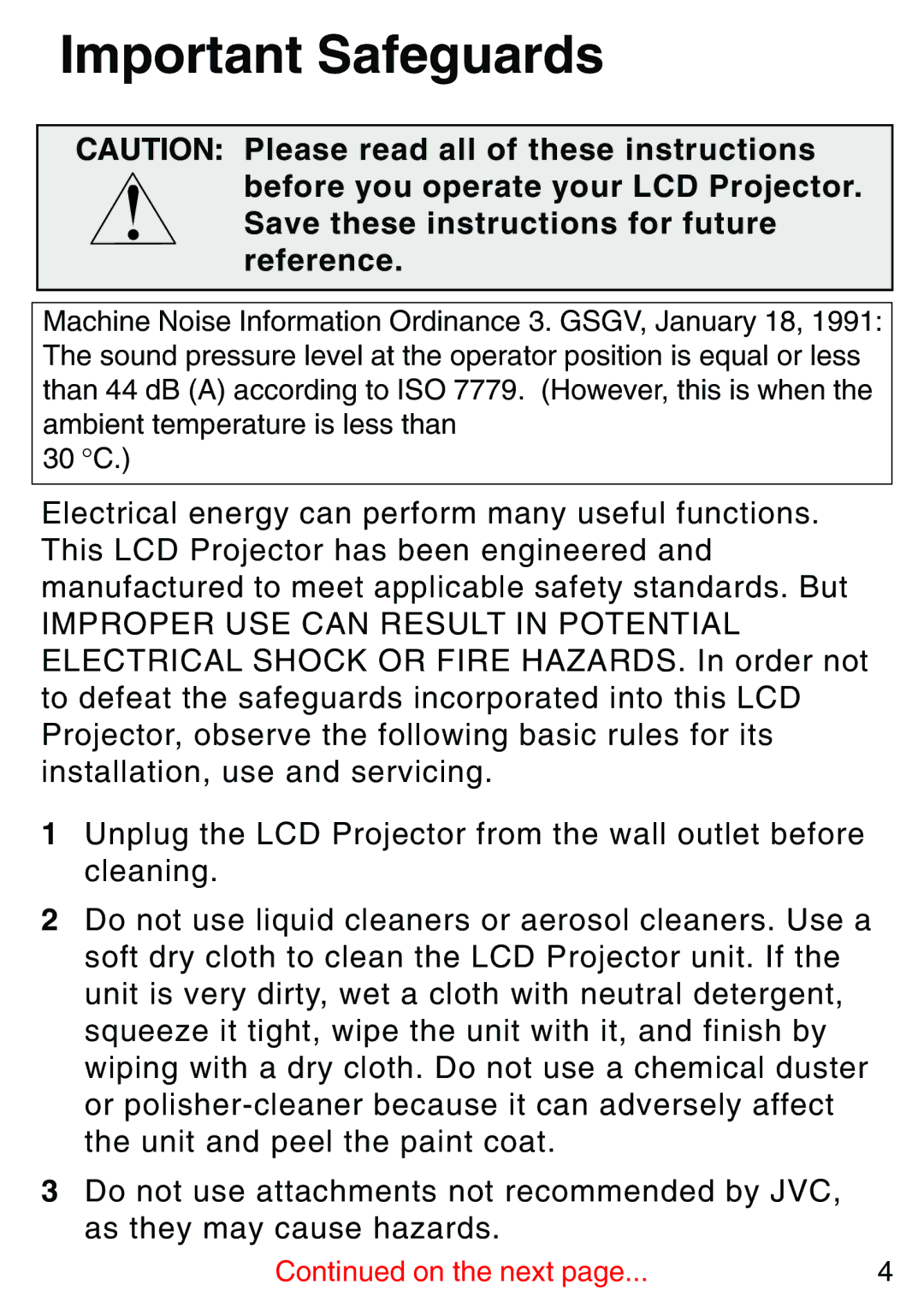 JVC LX-P1010ZE, LX-P1010ZU operating instructions Important Safeguards 