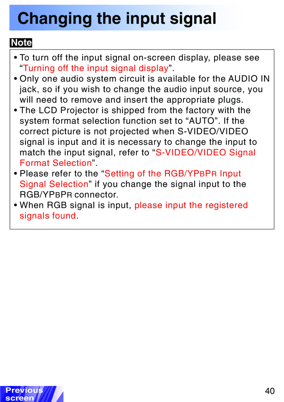 JVC LX-P1010ZE, LX-P1010ZU operating instructions Changing the input signal 