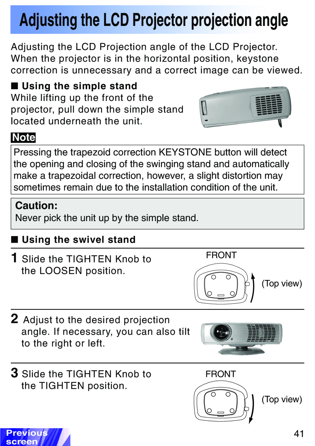 JVC LX-P1010ZU, LX-P1010ZE operating instructions Adjusting the LCD Projector projection angle, Using the swivel stand 