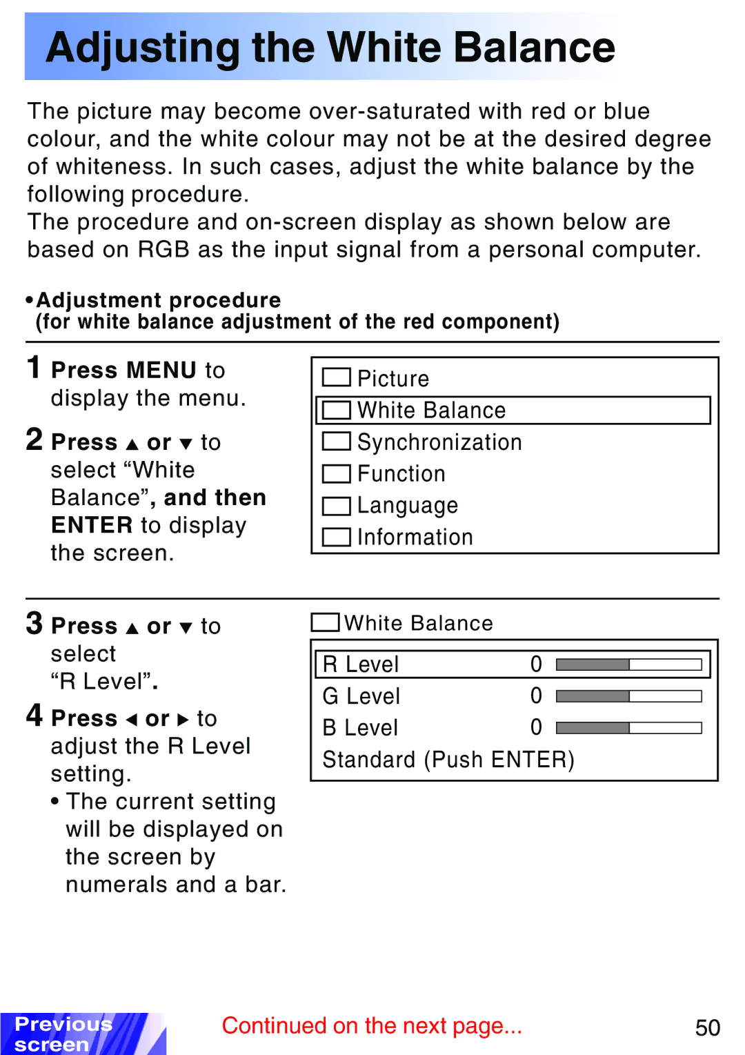 JVC LX-P1010ZE, LX-P1010ZU operating instructions Adjusting the White Balance, Press or to select 