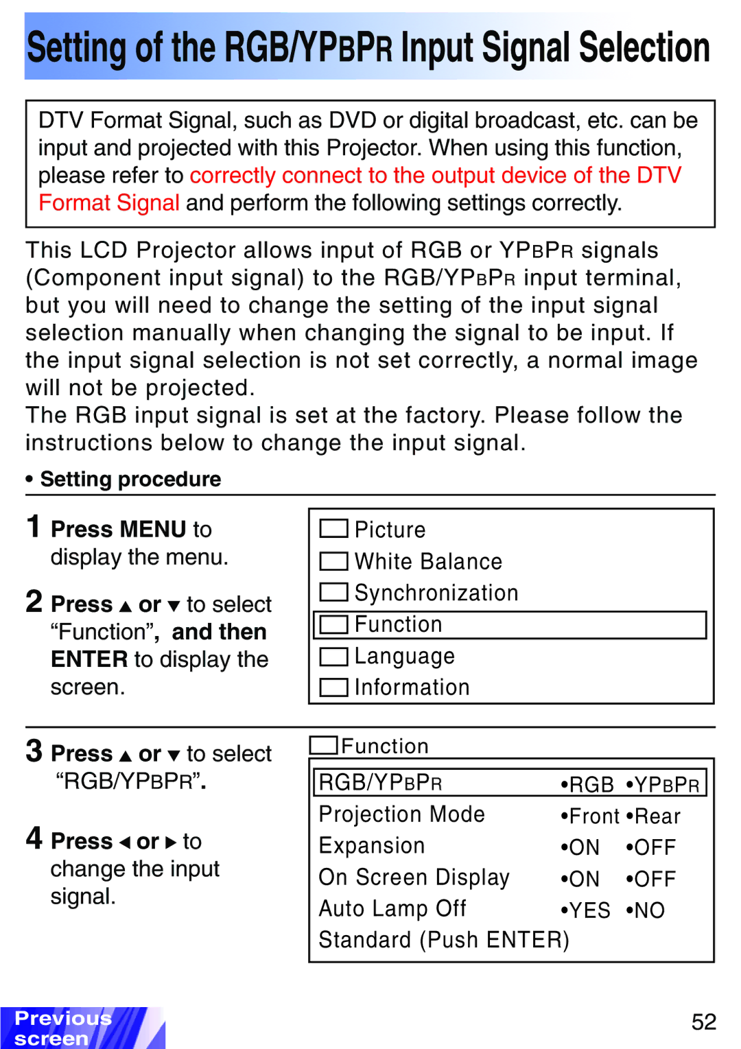 JVC LX-P1010ZE, LX-P1010ZU Setting of the RGB/YPBPR Input Signal Selection, Press or to change the input signal 