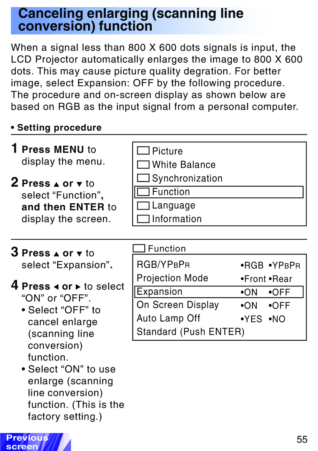 JVC LX-P1010ZU, LX-P1010ZE Canceling enlarging scanning line conversion function, Press or to select Expansion 