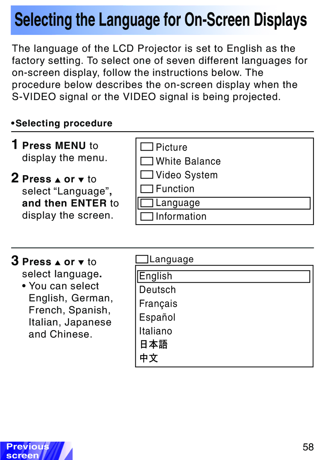 JVC LX-P1010ZE, LX-P1010ZU operating instructions Selecting the Language for On-Screen Displays, Press or to select language 