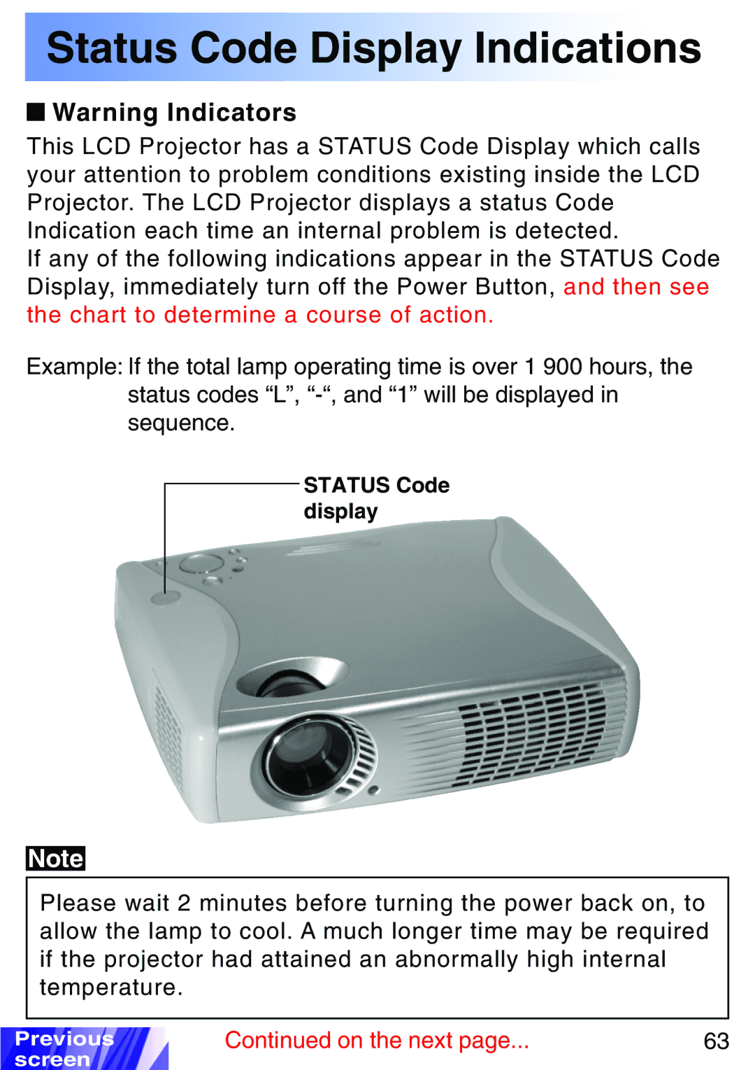 JVC LX-P1010ZU, LX-P1010ZE operating instructions Status Code Display Indications 