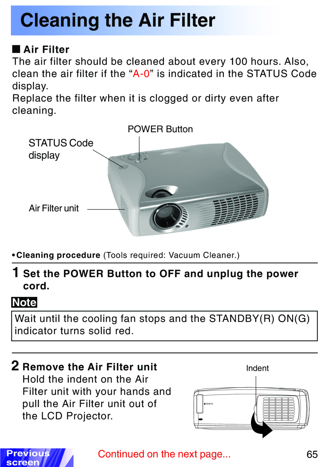 JVC LX-P1010ZU Cleaning the Air Filter, Set the Power Button to OFF and unplug the power cord, Remove the Air Filter unit 