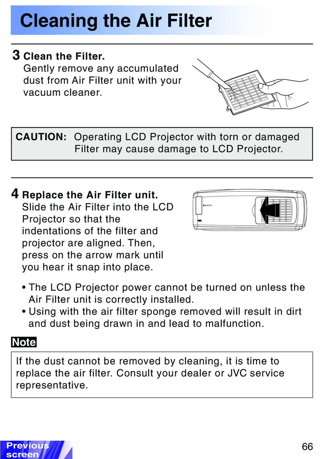 JVC LX-P1010ZE, LX-P1010ZU operating instructions Clean the Filter 