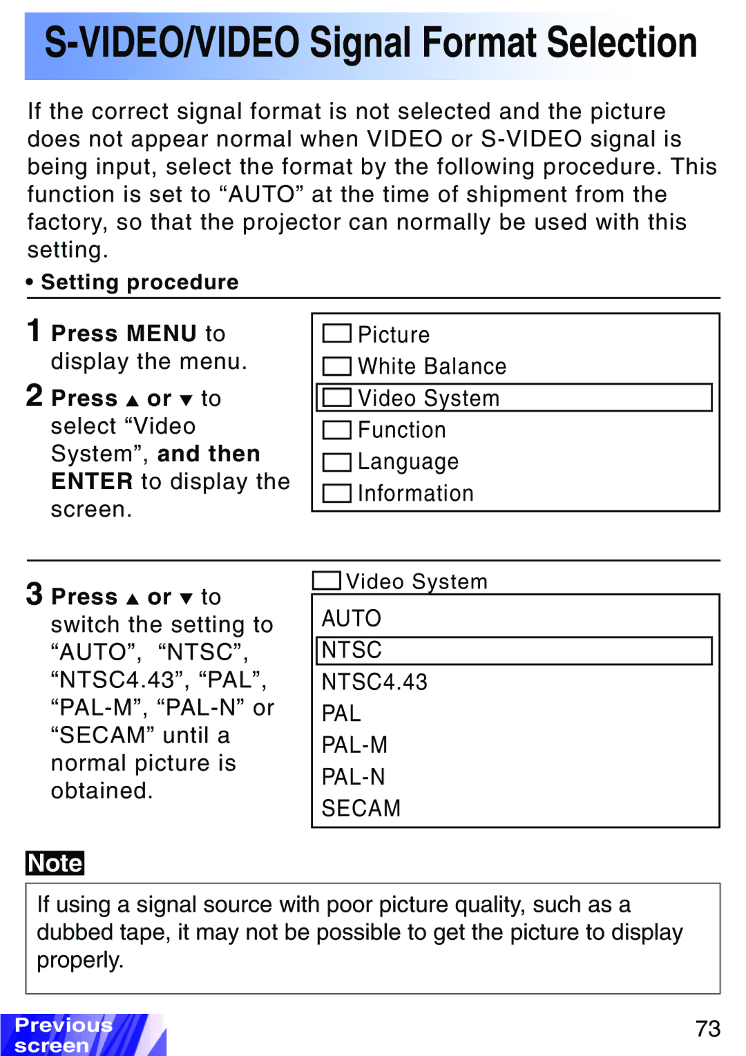 JVC LX-P1010ZU, LX-P1010ZE operating instructions VIDEO/VIDEO Signal Format Selection 