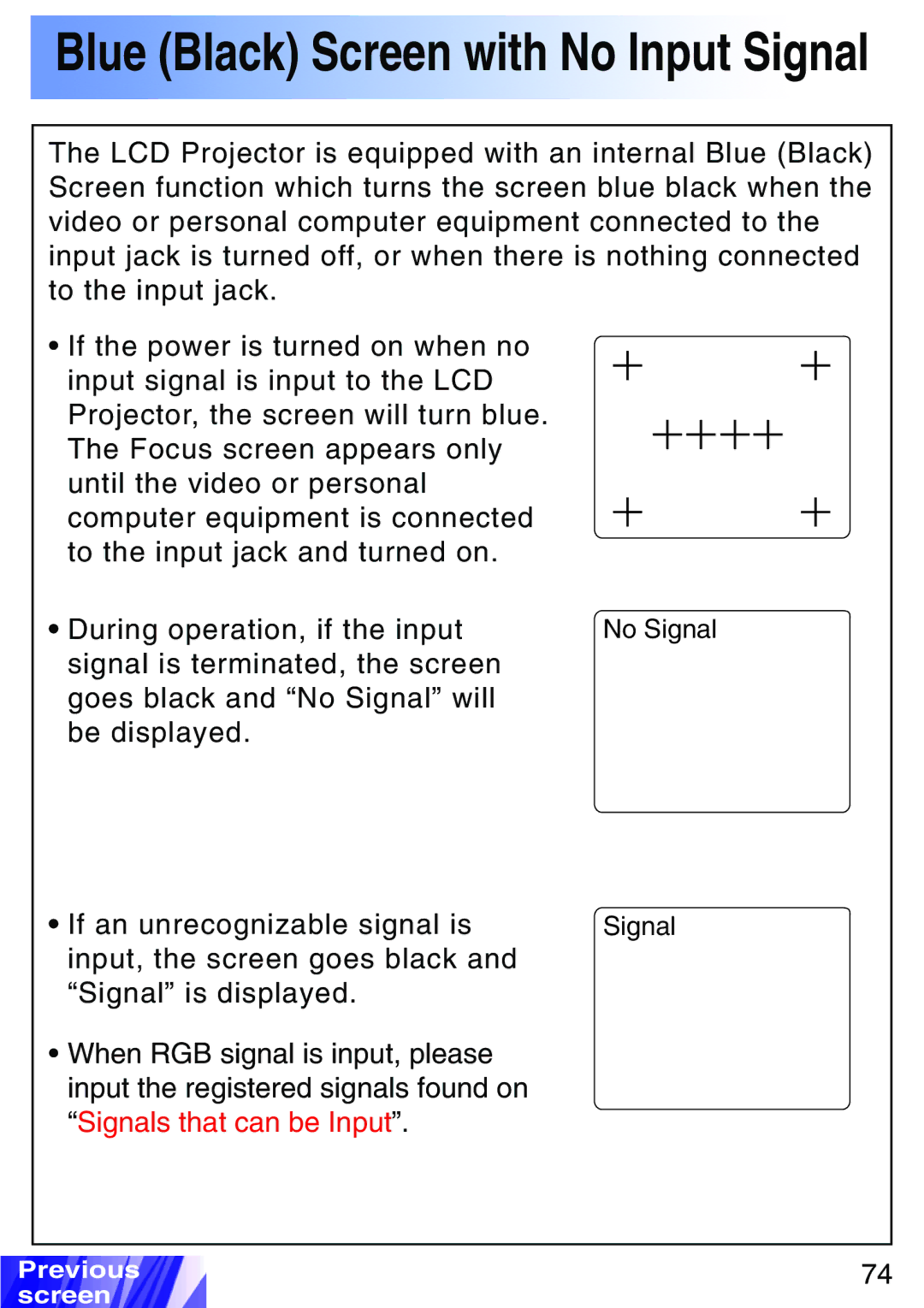 JVC LX-P1010ZE, LX-P1010ZU operating instructions Blue Black Screen with No Input Signal 