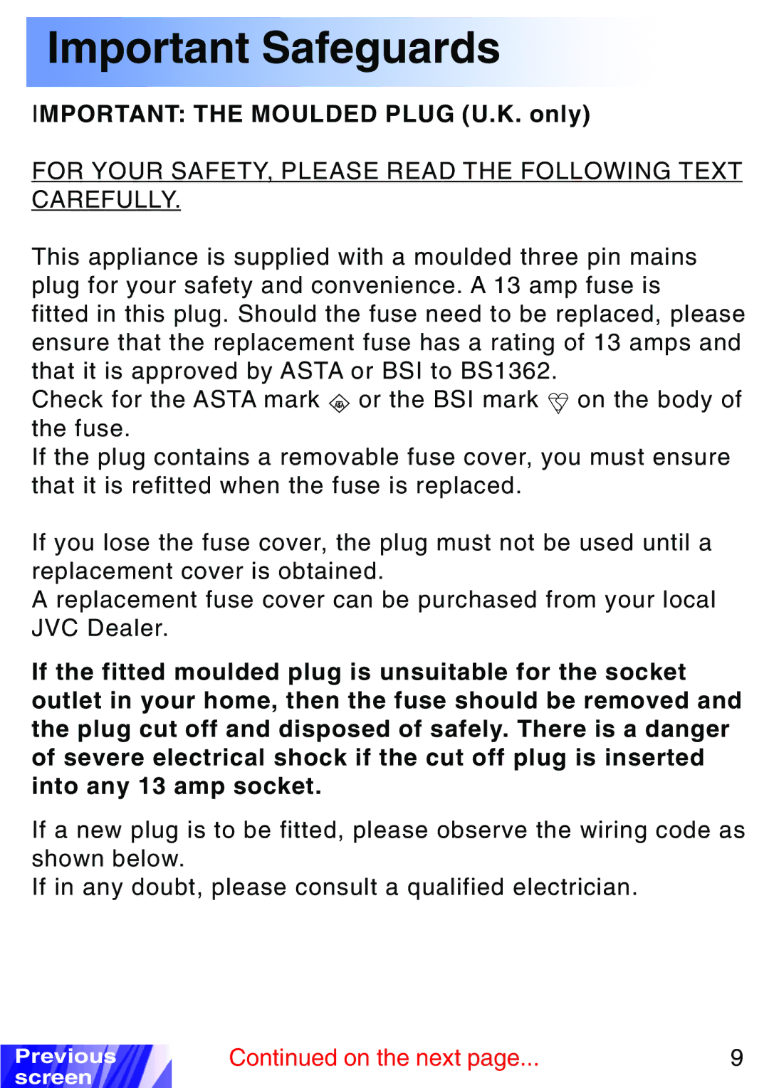 JVC LX-P1010ZU, LX-P1010ZE Important the Moulded Plug U.K. only, For Your SAFETY, Please Read the Following Text Carefully 