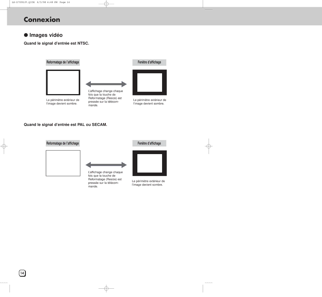 JVC LXD700U manual Quand le signal d’entrée est Ntsc, Quand le signal d’entrée est PAL ou Secam 