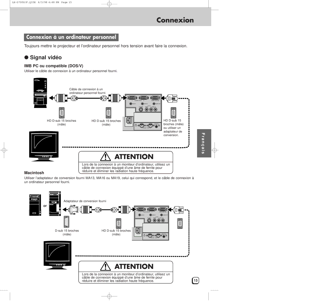 JVC LXD700U manual Connexion à un ordinateur personnel, IMB PC ou compatible DOS/V, Macintosh 