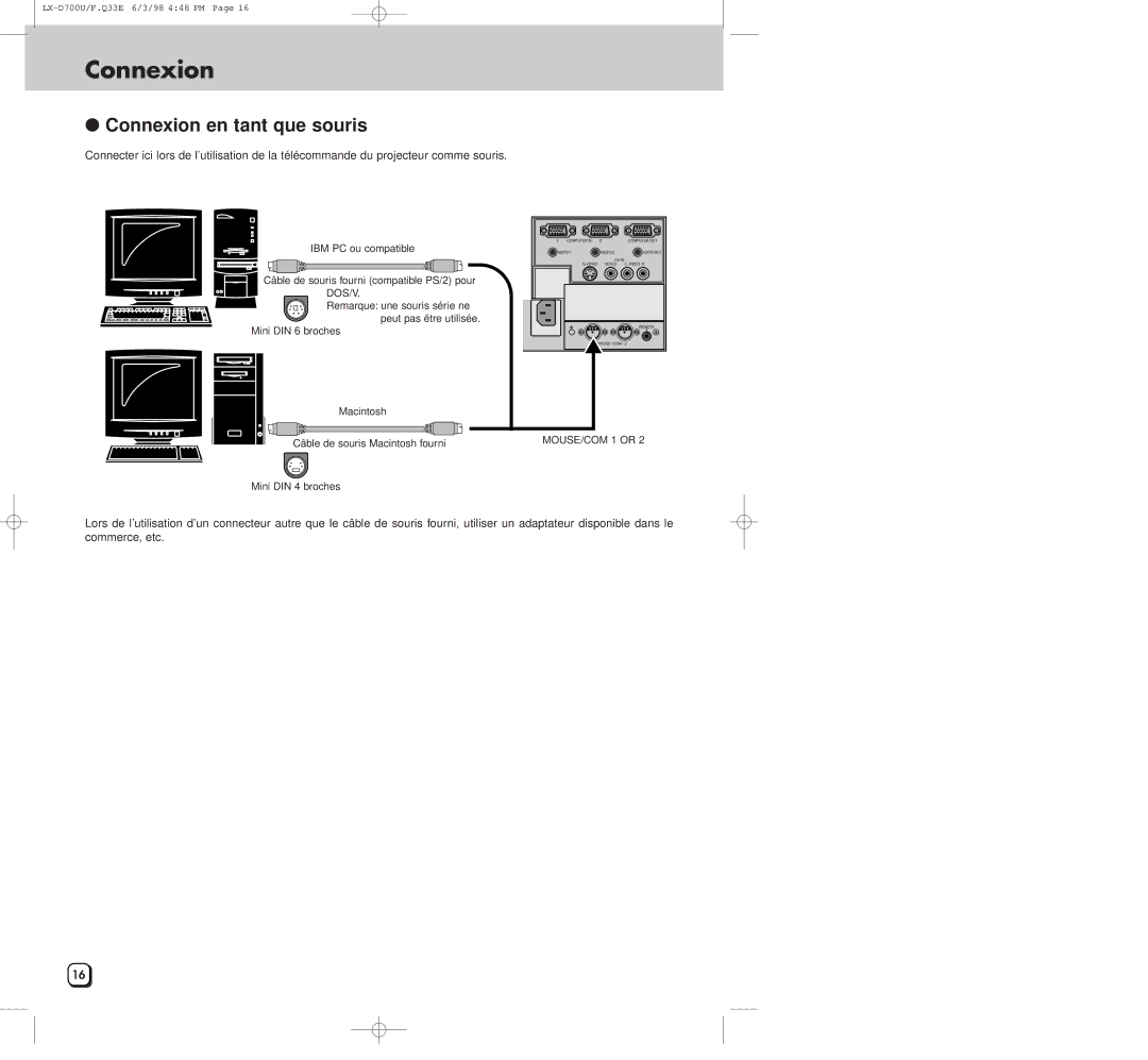 JVC LXD700U manual Connexion en tant que souris 