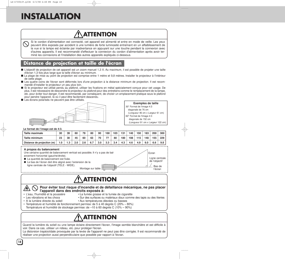 JVC LXD700U manual Installation, Distance de projection et taille de lécran, Exemples de taille, Propos du balancement 