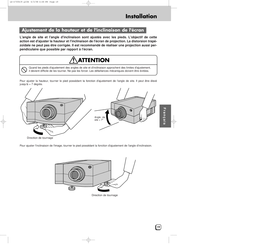 JVC LXD700U manual Installation, Ajustement de la hauteur et de linclinaison de lécran 