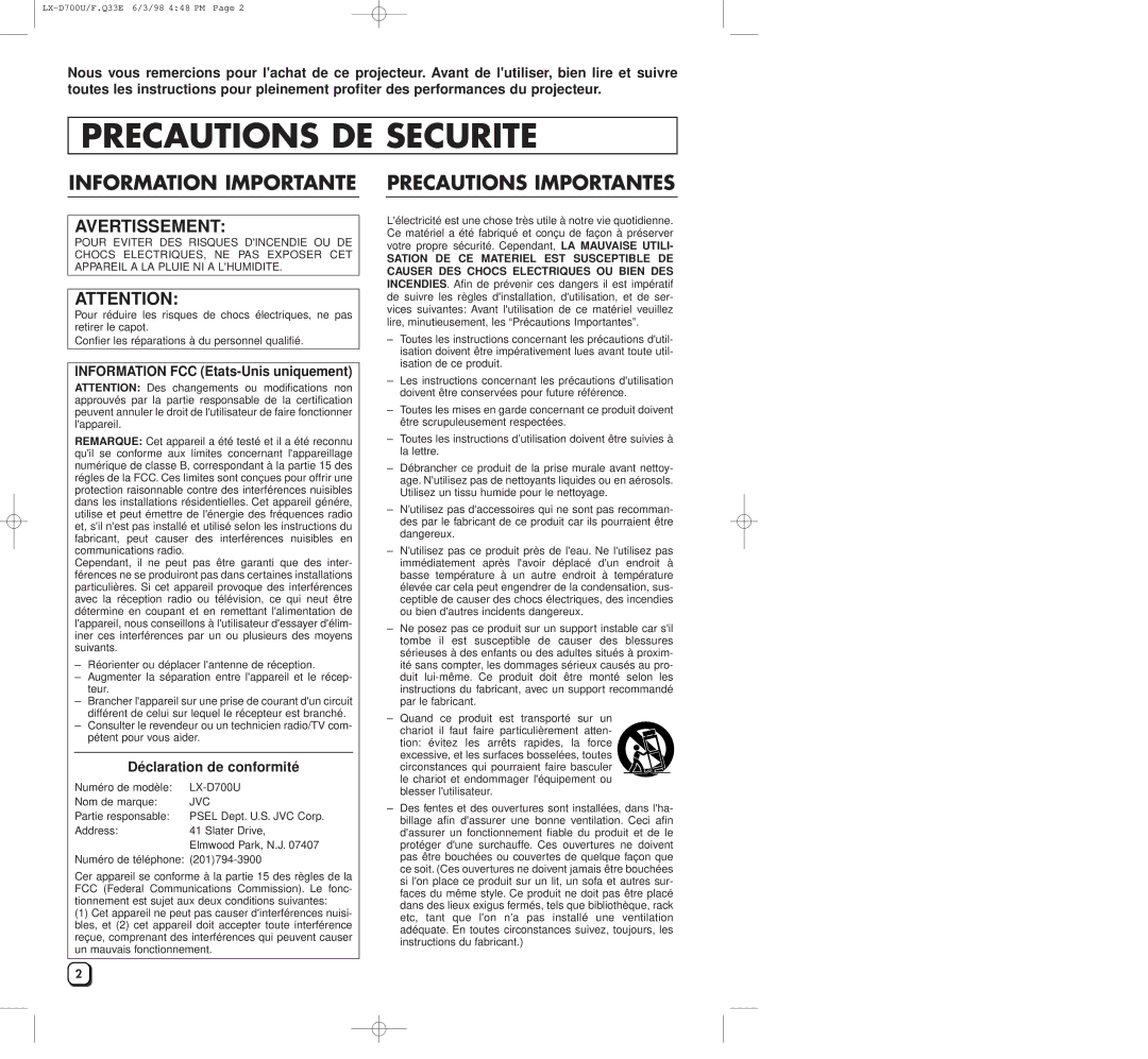 JVC LXD700U manual Precautions DE Securite, Information FCC Etats-Unis uniquement, Déclaration de conformité 