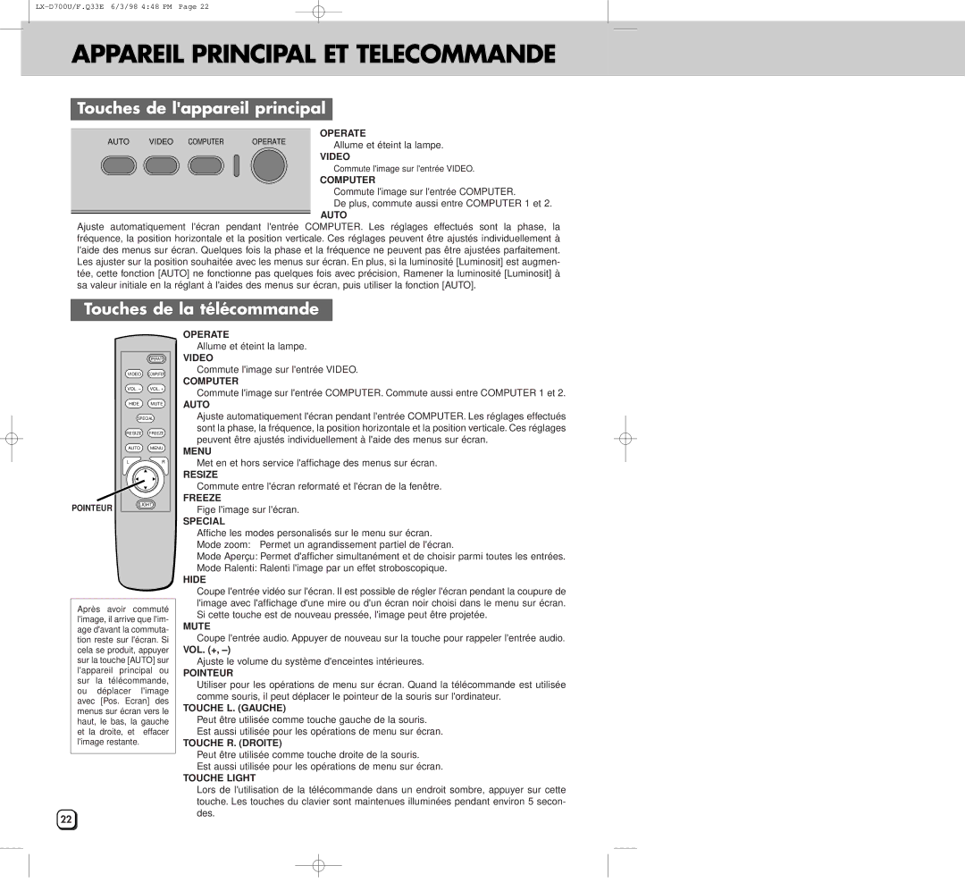 JVC LXD700U manual Touches de lappareil principal, Touches de la télécommande, Vol. + 