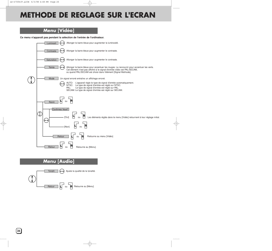 JVC LXD700U manual Menu Vidéo, Menu Audio 