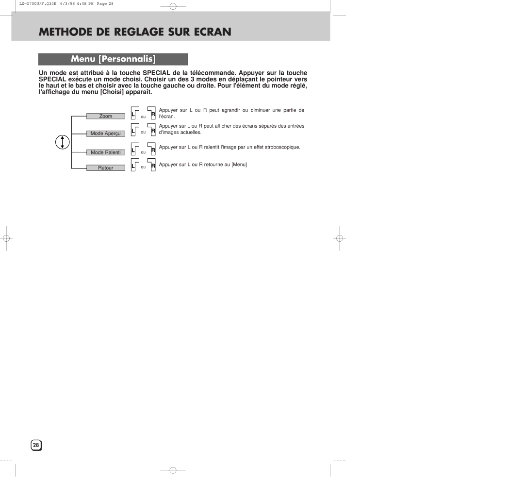 JVC LXD700U manual Methode DE Reglage SUR Ecran, Menu Personnalis 