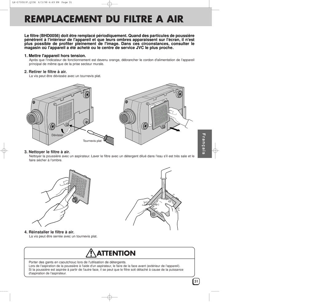 JVC LXD700U Remplacement DU Filtre a AIR, Retirer le filtre à air, Nettoyer le filtre à air, Réinstaller le filtre à air 