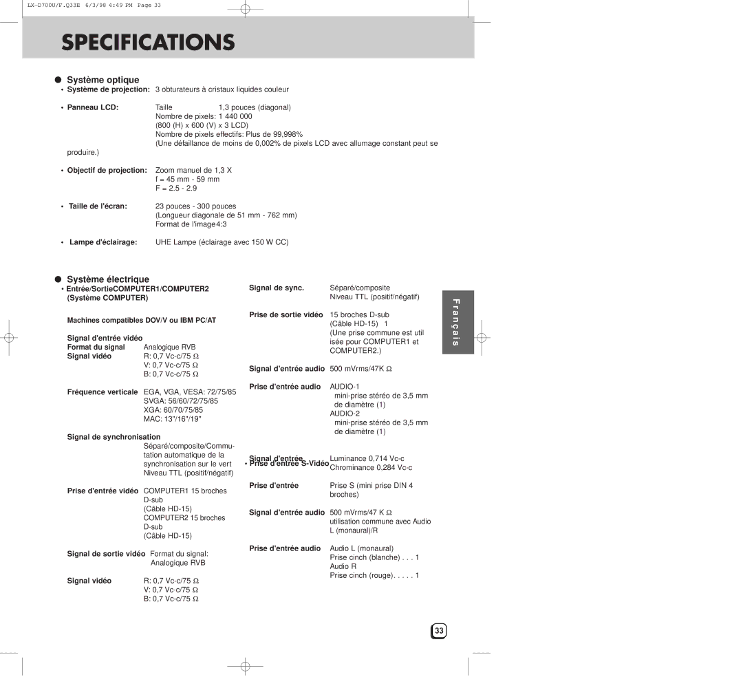 JVC LXD700U manual Specifications, Système optique, Système électrique 