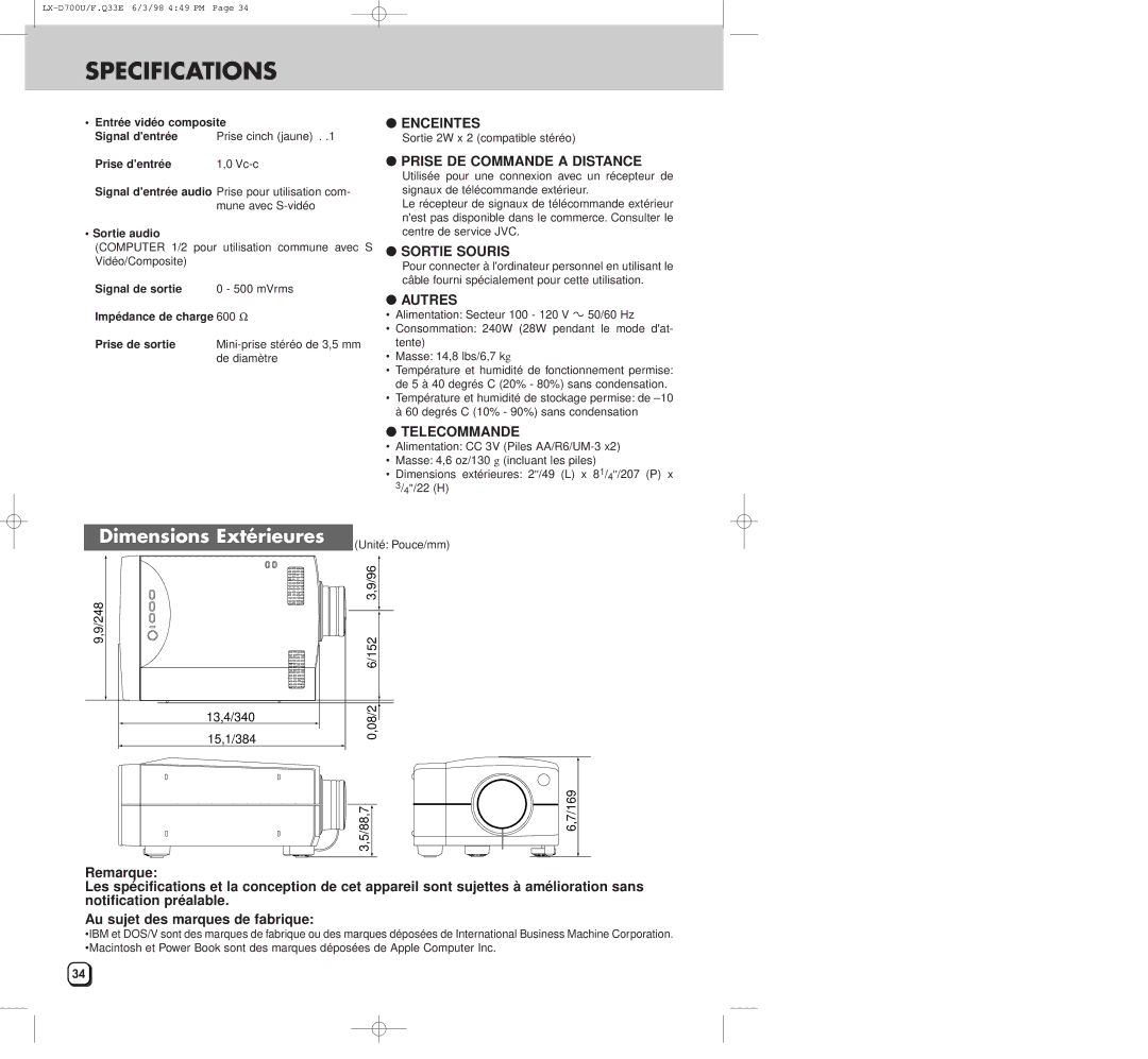 JVC LXD700U manual Dimensions Extérieures, Entrée vidéo composite Signal dentrée, Prise dentrée, Sortie audio 