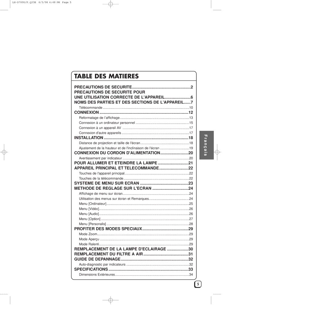 JVC LXD700U manual Table DES Matieres 