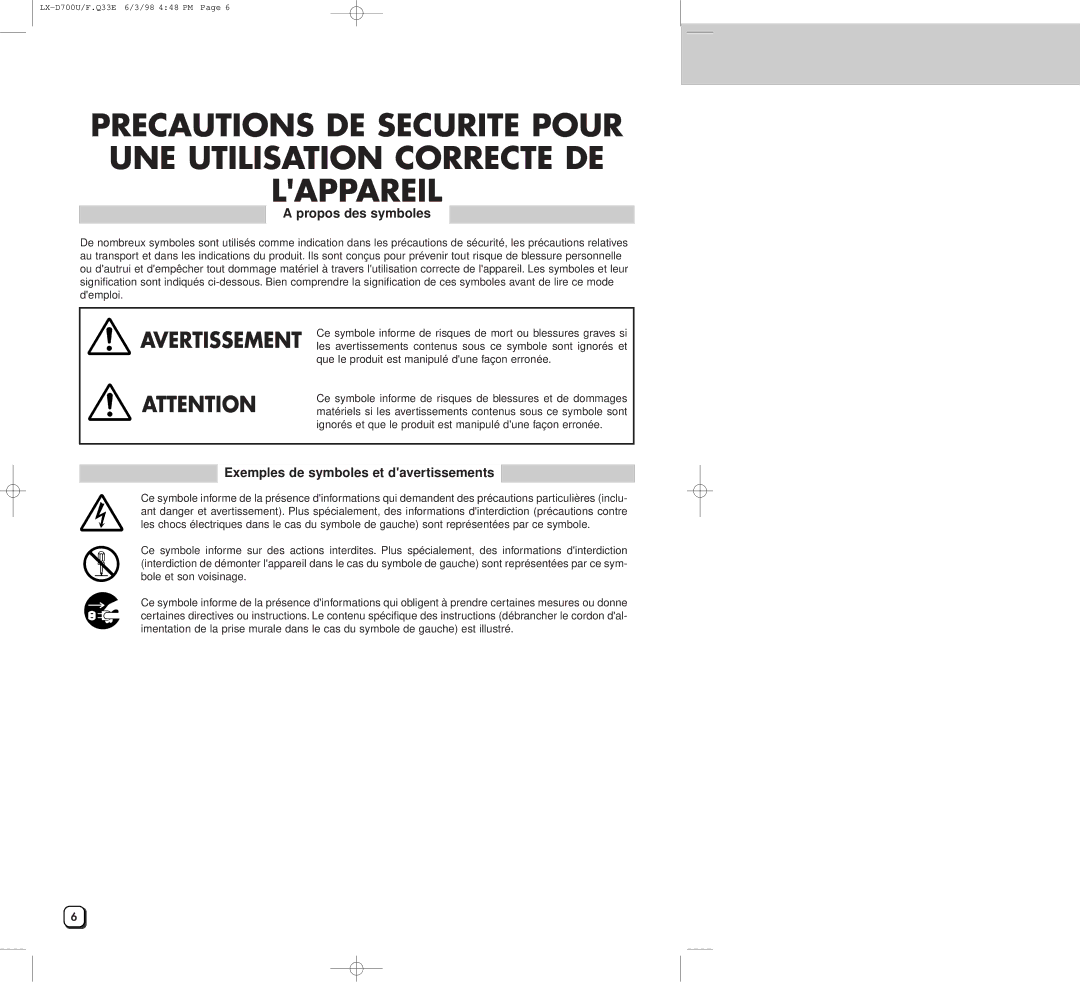 JVC LXD700U manual Propos des symboles, Exemples de symboles et davertissements 