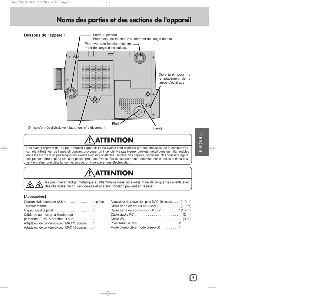 JVC LXD700U manual Dessous de lappareil, Accessoires 