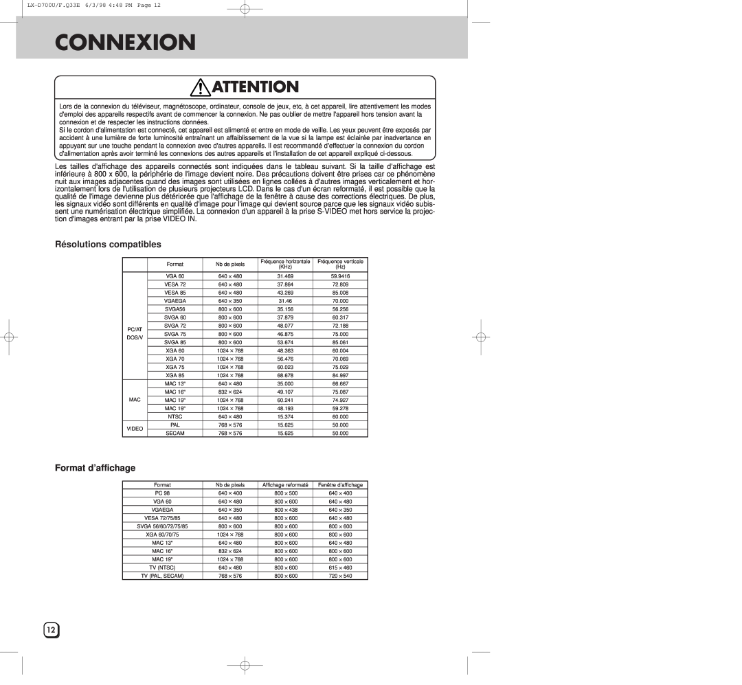JVC LXD700U manual Connexion, Résolutions compatibles, Format d’affichage 