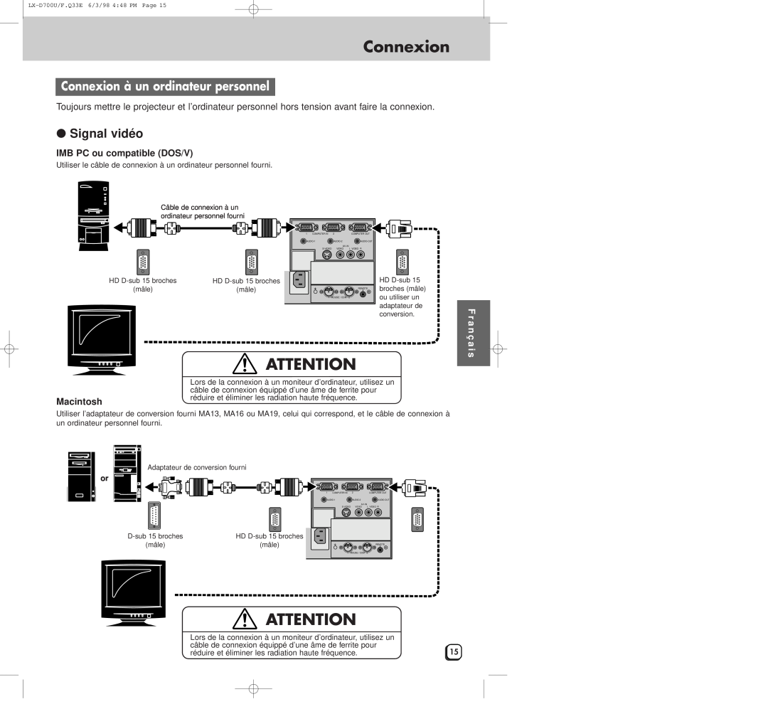 JVC LXD700U Connexion à un ordinateur personnel, Signal vidéo, IMB PC ou compatible DOS/V, Macintosh, F r a n ç a i s 