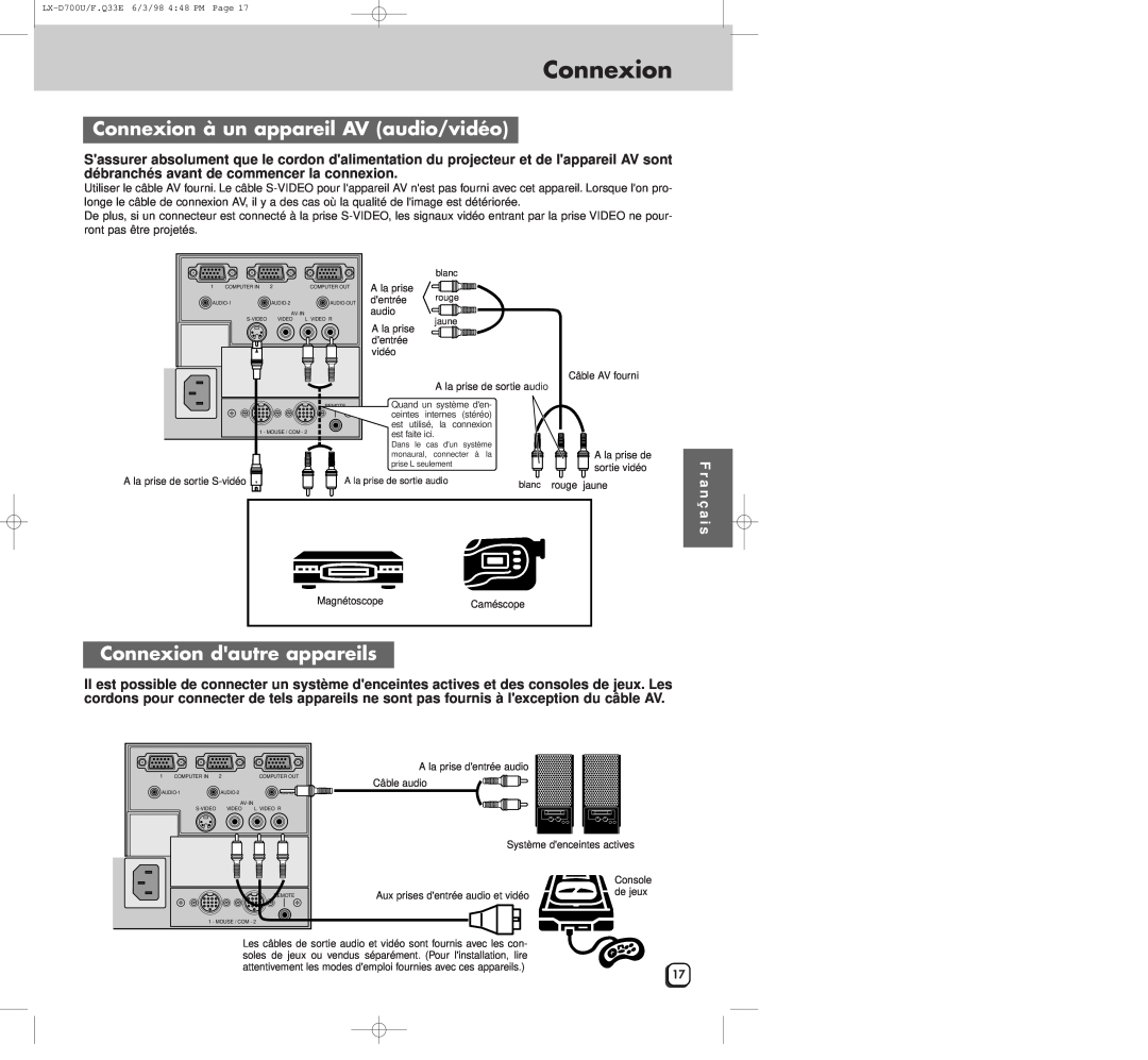 JVC LXD700U manual Connexion à un appareil AV audio/vidéo, Connexion dautre appareils, F r a n ç a i s, est faite ici 