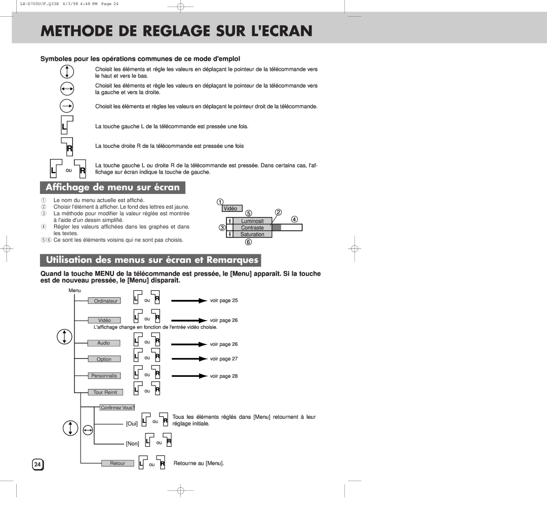 JVC LXD700U manual Methode De Reglage Sur Lecran, Affichage de menu sur écran, Utilisation des menus sur écran et Remarques 
