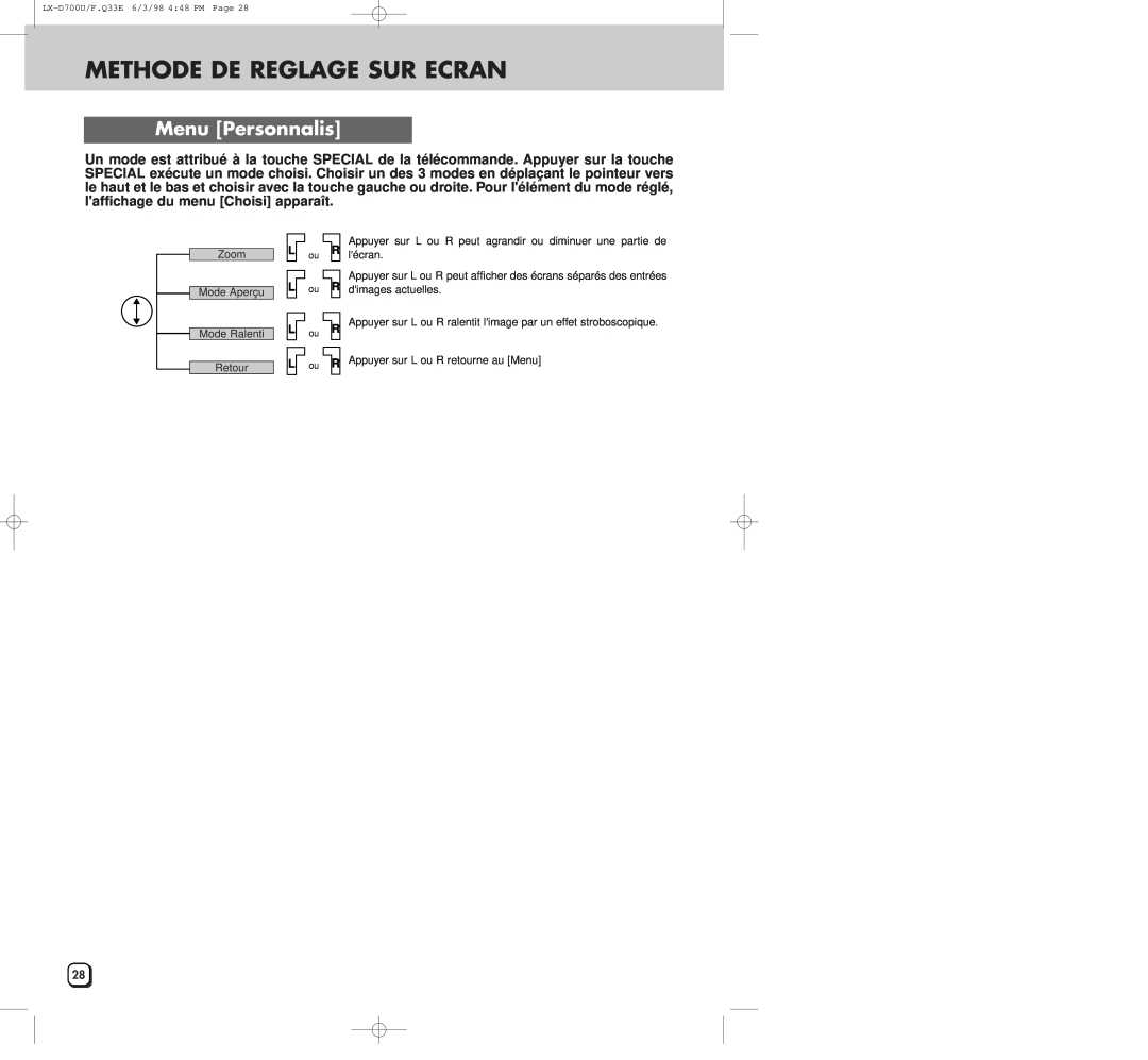 JVC LXD700U manual Methode De Reglage Sur Ecran, Menu Personnalis 