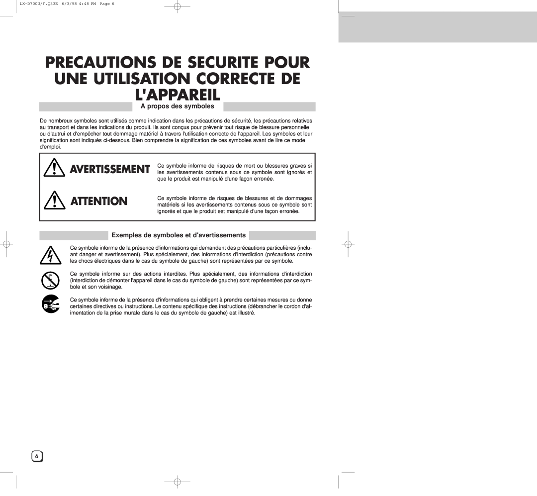 JVC LXD700U manual Precautions De Securite Pour Une Utilisation Correcte De Lappareil, Avertissement, A propos des symboles 