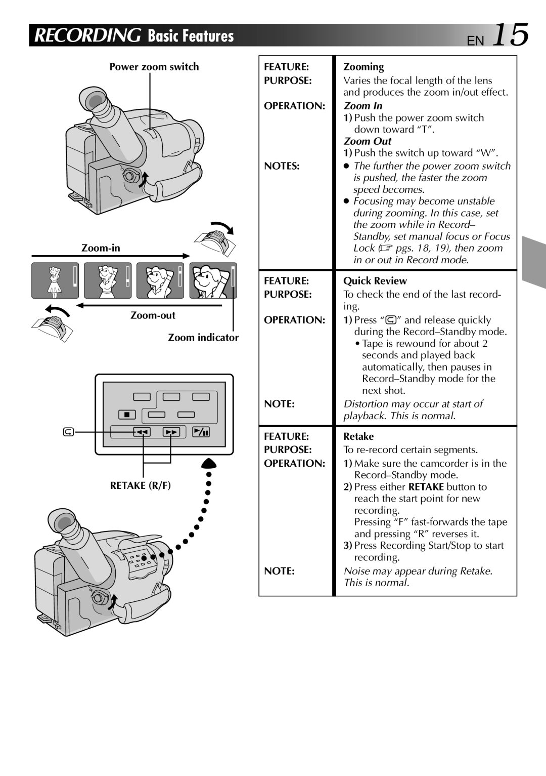 JVC 0397TOV*UN*YP, LYT0002-018A manual Retake R/F Feature, Purpose, Operation 