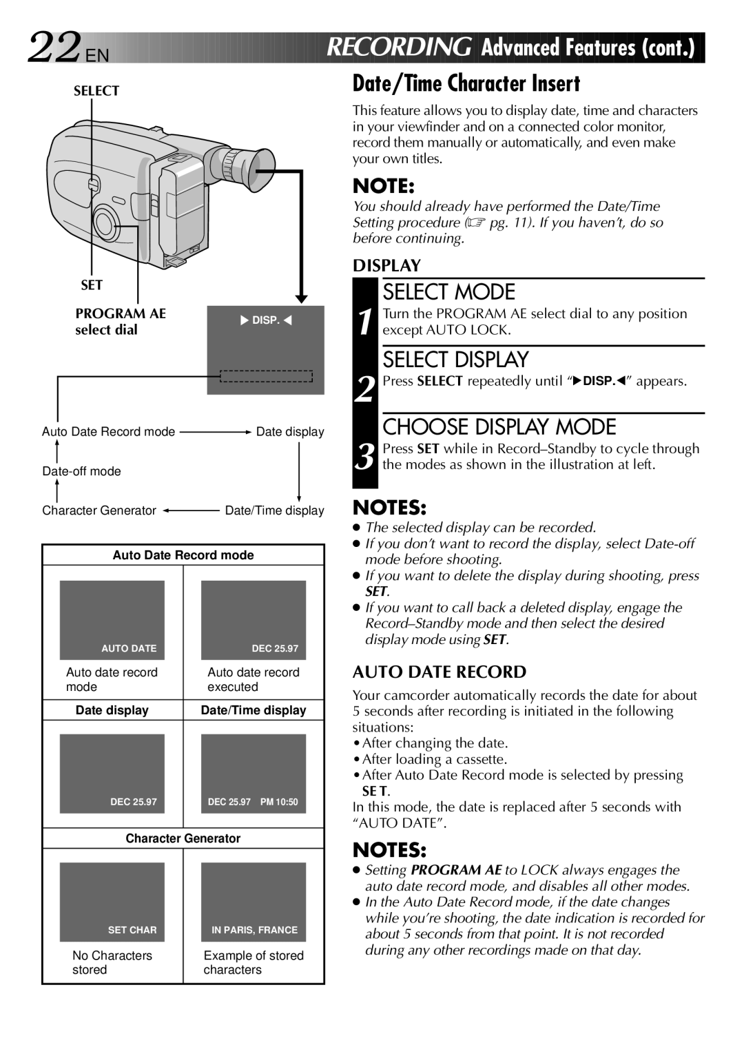 JVC LYT0002-018A manual Date/Time Character Insert, Select Display, Choose Display Mode, SET Program AE, Select dial 