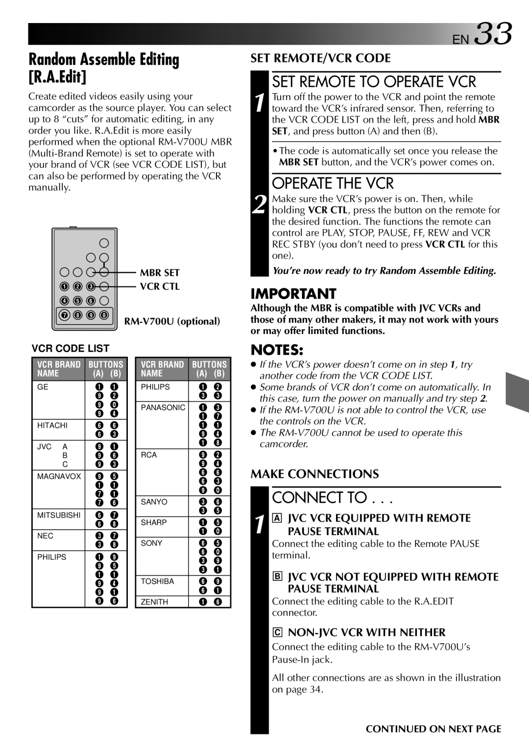 JVC 0397TOV*UN*YP manual Random Assemble Editing R.A.Edit, SET Remote to Operate VCR, Operate the VCR, Connect to, On Next 