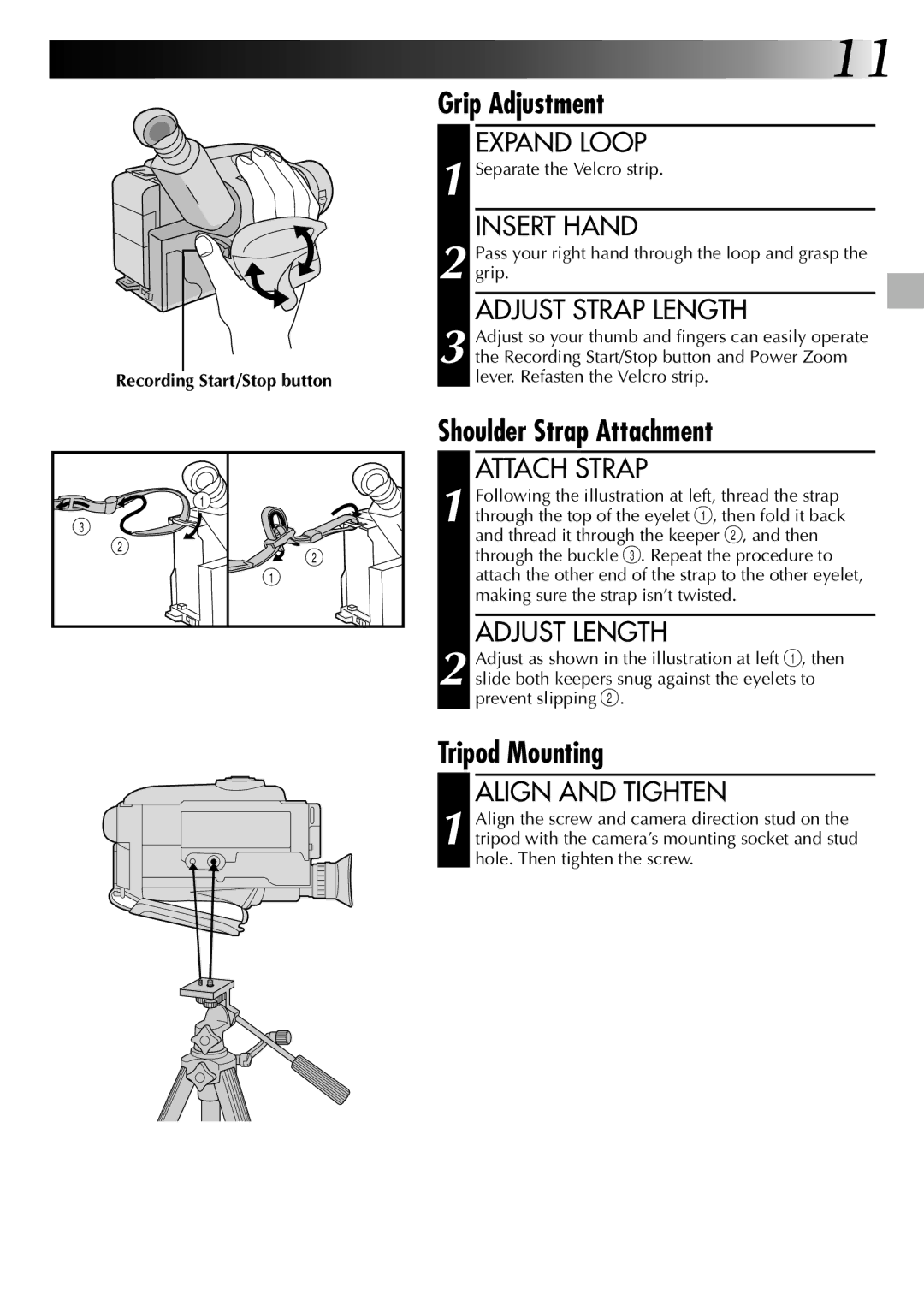 JVC LYT0002-020B specifications Grip Adjustment, Shoulder Strap Attachment, Tripod Mounting 