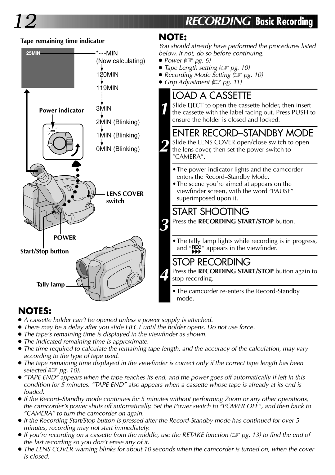 JVC LYT0002-020B specifications Load a Cassette, Enter RECORD-STANDBY Mode, Start Shooting, Stop Recording 