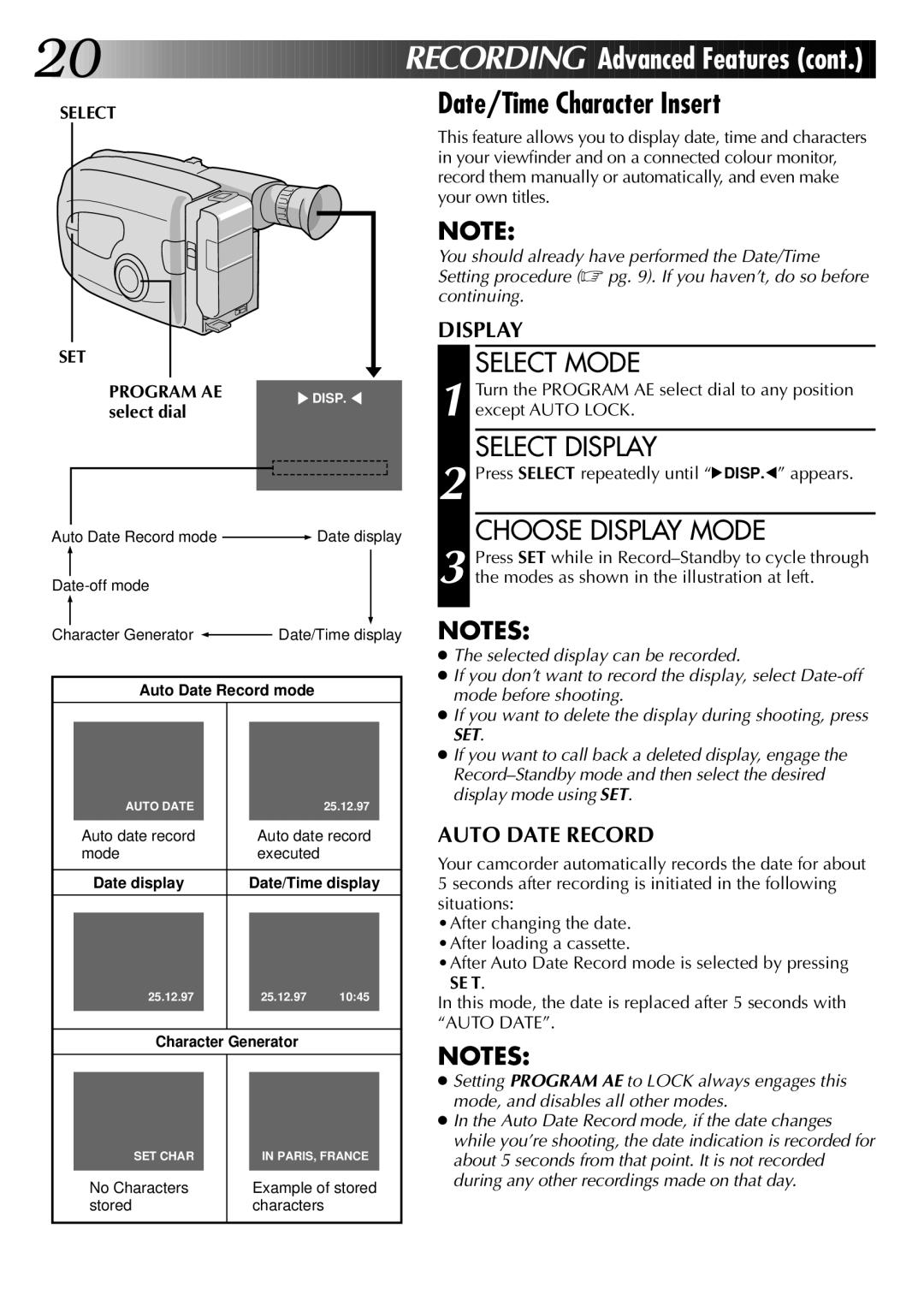 JVC LYT0002-020B specifications Date/Time Character Insert, Select Display, Choose Display Mode, SET Program AE 