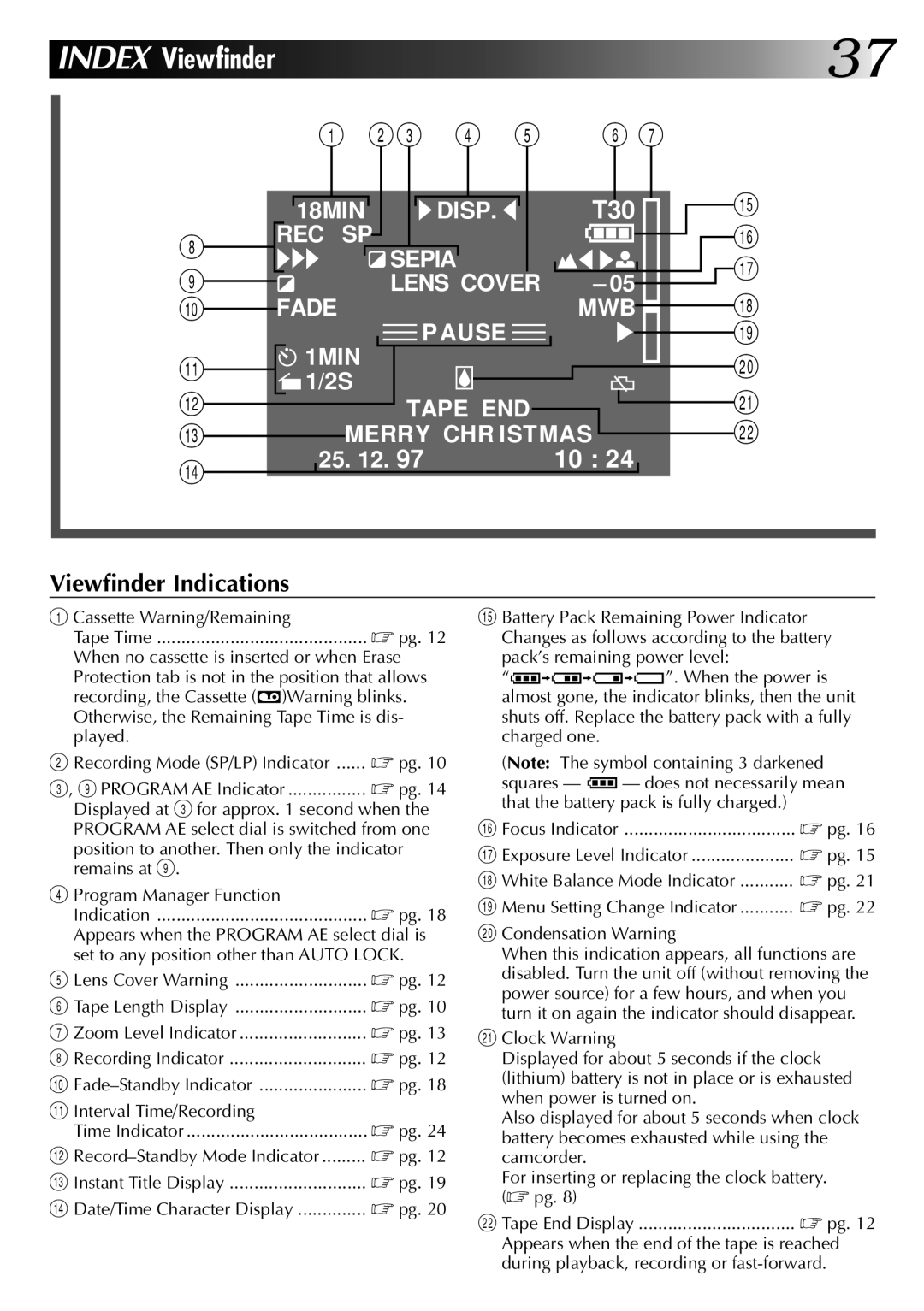 JVC LYT0002-020B specifications Index Viewfinder, Otherwise, the Remaining Tape Time is dis 