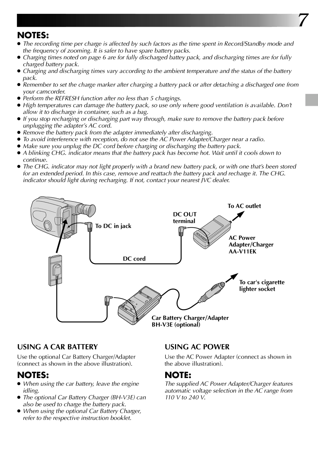 JVC LYT0002-020B specifications AA-V11EK, Car Battery Charger/Adapter BH-V3E optional 