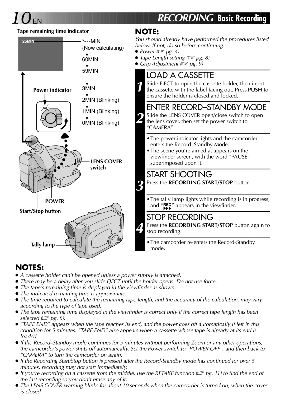 JVC LYT0002-025A, GR-AX275 manual Load a Cassette, Enter RECORD-STANDBY Mode, Start Shooting, Stop Recording, Power 