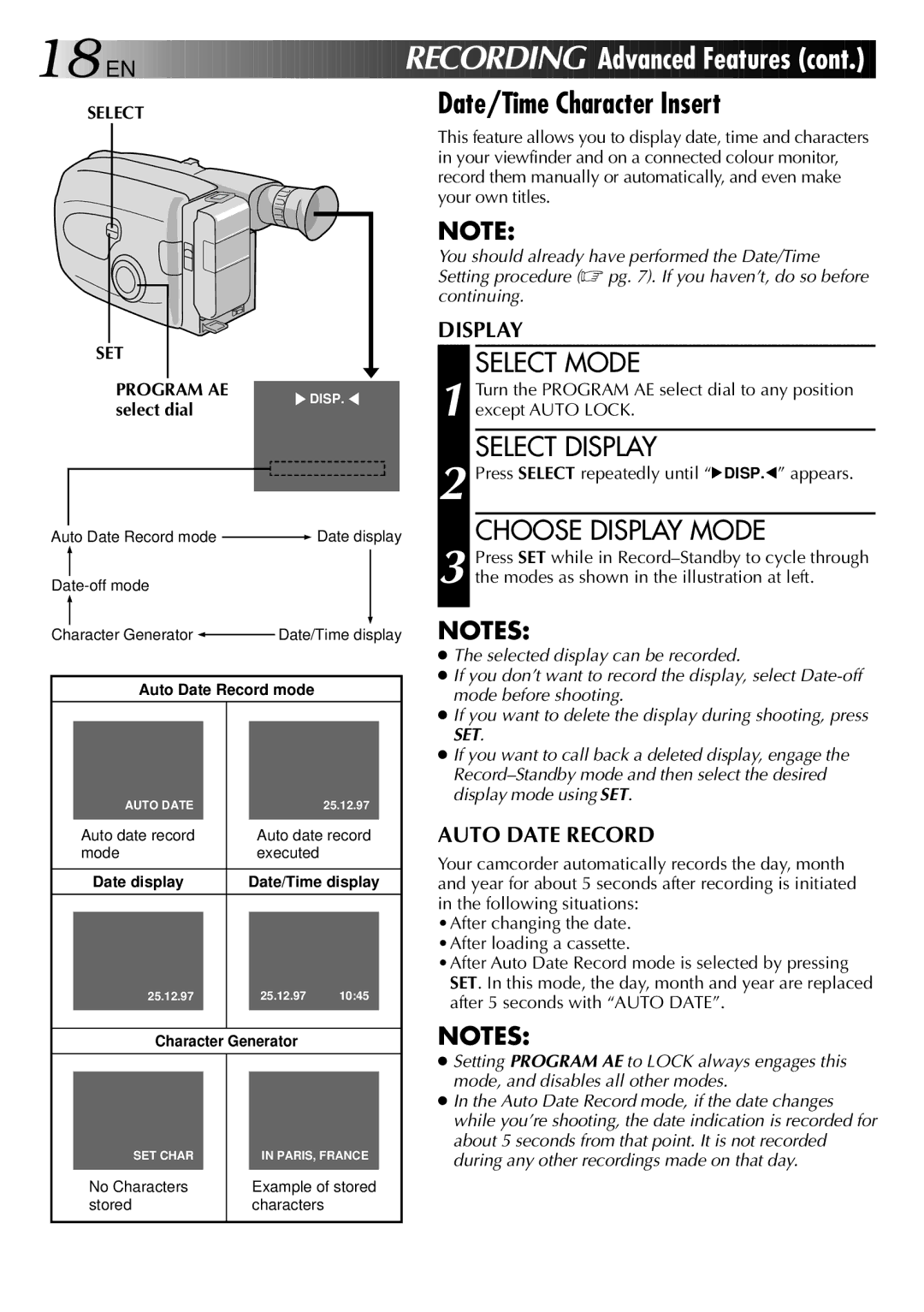 JVC LYT0002-025A, GR-AX275 Date/Time Character Insert, Select Display, Choose Display Mode, SET Program AE, Select dial 