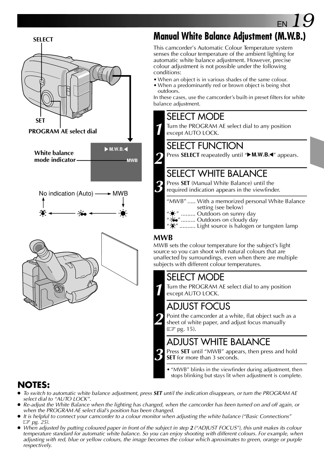 JVC GR-AX275, LYT0002-025A manual Select White Balance, Adjust Focus, Adjust White Balance, Select SET 