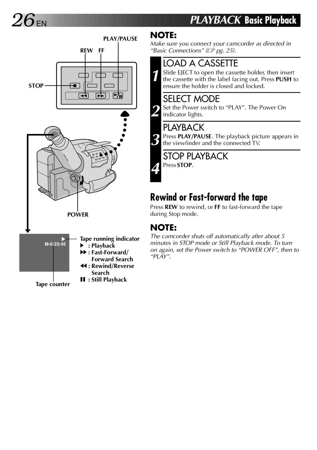 JVC LYT0002-025A, GR-AX275 manual Rewind or Fast-forward the tape, Stop Playback, PLAY/PAUSE REW FF Stop Power 