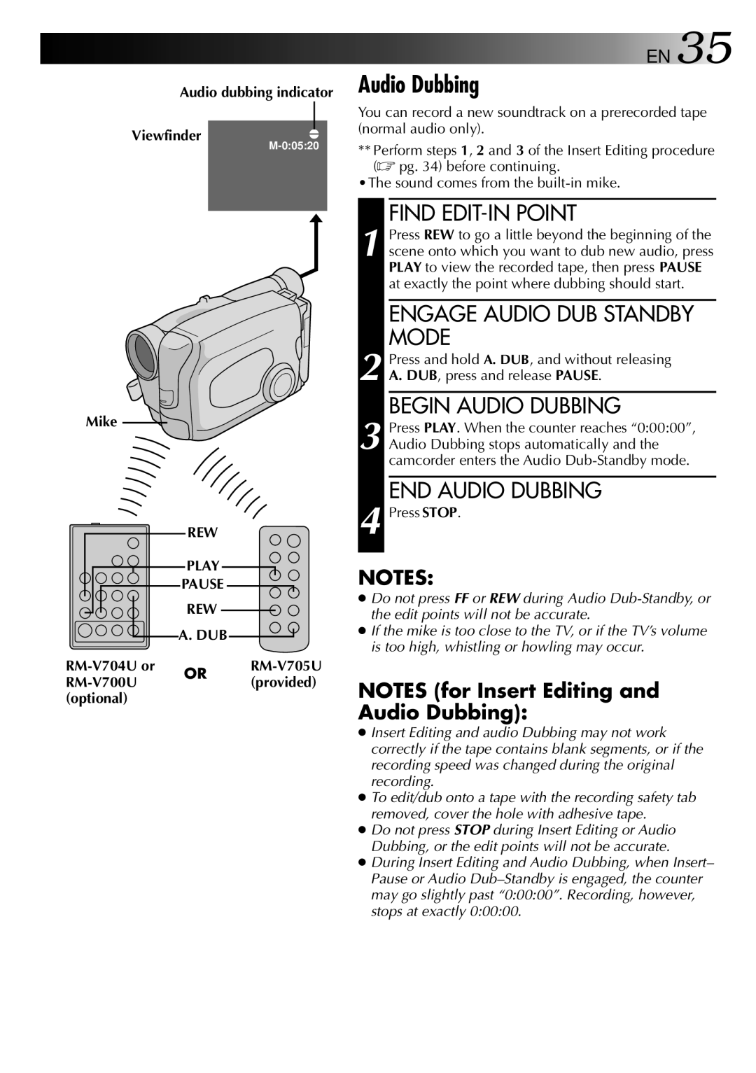 JVC GR-AX275, LYT0002-025A Audio dubbing indicator Viewfinder Mike, Dub, RM-V704U or RM-V700U Optional, RM-V705U provided 